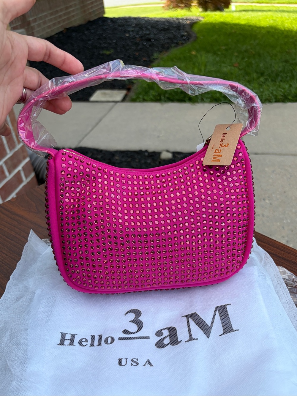 Hello 3AM Hot Pink Rhinestone Shoulder Bag Crystal Studded Purse NWT